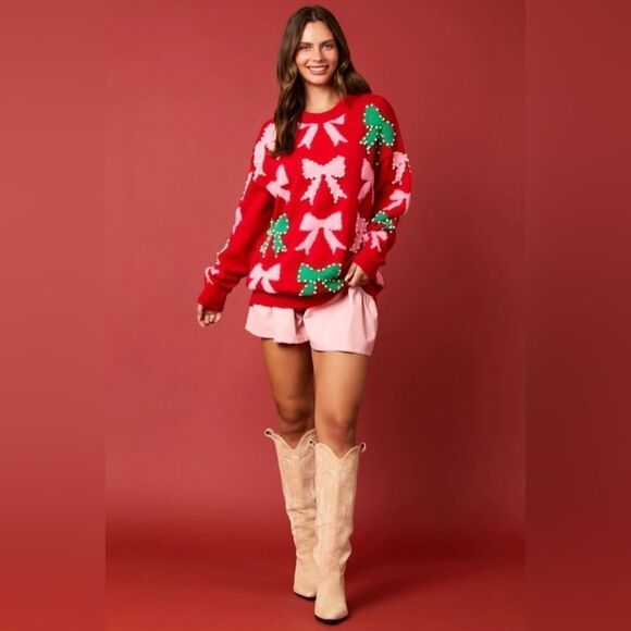 900. PEARL AND BOW EMBELLISHED SWEATER - Picture 3 of 11